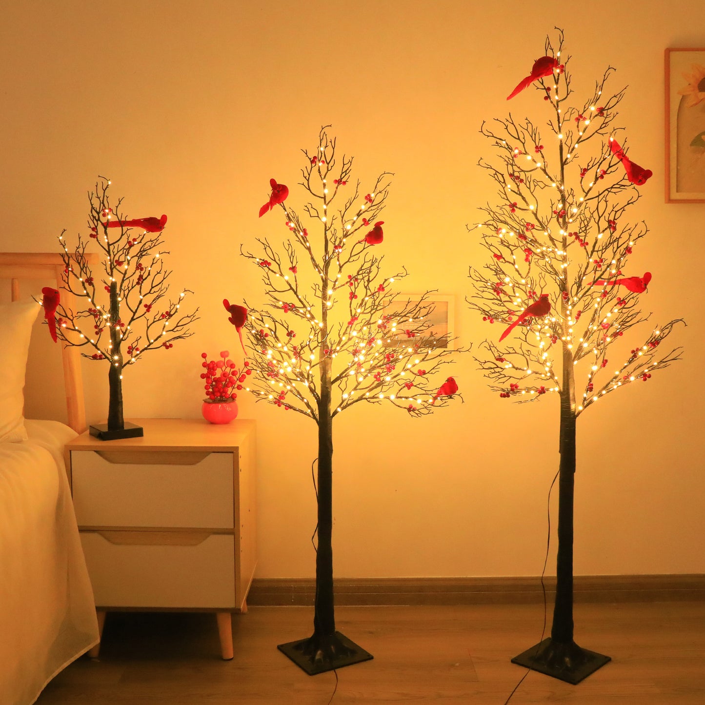 Lighted Mini Birch Tree Light LED Cardinals Christmas Tree Vintage Glowing Tree Light For Table Holiday Home Xmas Decoration